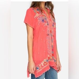 Johnny Was Short Sleeve Tunic Silk and Embroidery